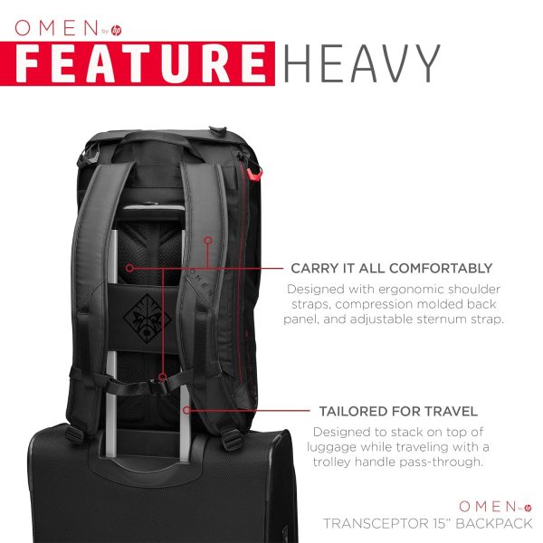 HP OMEN Transceptor 15 Backpack, 15.6 inch, 20L Capacity, Water Resistant, Padded Laptop Compartment, Ergonomic Design, Trolley Pass-Through, 1-Year Warranty, 0.84 kg, Black, 7MT84AA