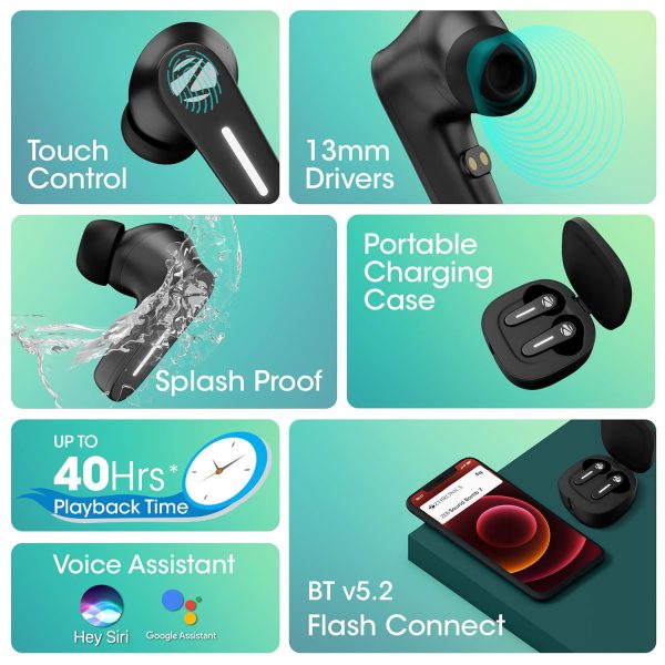 Zebronics Sound Bomb 7 Bluetooth TWS in Ear Earbuds with 40H Playtime, ENC Mic, Rapid Charge, Upto 50ms Gaming Mode, Flash Connect, Voice assistant, Smooth Touch Control, BT v5.2, Type C (Black)