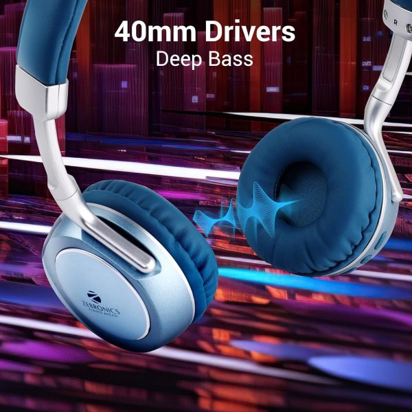 ZEBRONICS DUKE 2 Wireless Headphone, Supports Bluetooth, Dual Pairing, Deep Bass, up to 60h Battery Backup, AUX, Environmental Noise Cancellation, Gaming Mode, Now with Type C Charging (Blue)