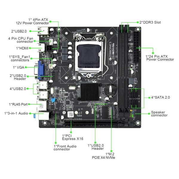 ZEBRONICS H61-NVMe Micro-ATX Motherboard for LGA 1155 Socket, Supports Intel 2nd & 3rd Generation Processors, M.2 Slot, 5.1 Audio, DDR3 1600 MHz, Ports (RJ45 | SATA | USB | HDMI)