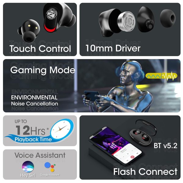 Zebronics Zeb-Sound Bomb N2 TWS in Ear Earbuds with 50ms Low Latency Gaming, ENC, Voice Assistant, Flash Connect, Splash Proof, Bluetooth 5.2, up to 12H Backup, Call Function and Type C (Black)