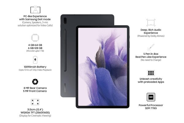 Samsung Galaxy Tab S7 FE 31.5 cm (12.4 inch) Large Display, S-Pen in Box, Slim Metal Body, Dolby Atmos Sound, RAM 4 GB, ROM 64 GB Expandable, Wi-Fi Tablet, Mystic Black