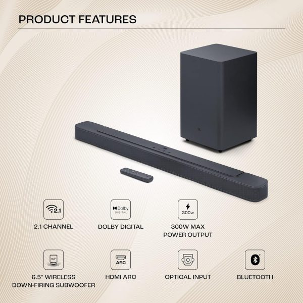 JBL Bar 2.1 Deep Bass (MK2), Soundbar with 6.5” Down-Firing Wireless Subwoofer, 2.1 Channel, Built-in Dolby Digital, Bluetooth, HDMI & Optical Connectivity (300W)