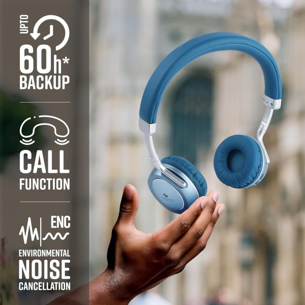 ZEBRONICS DUKE 2 Wireless Headphone, Supports Bluetooth, Dual Pairing, Deep Bass, up to 60h Battery Backup, AUX, Environmental Noise Cancellation, Gaming Mode, Now with Type C Charging (Blue)