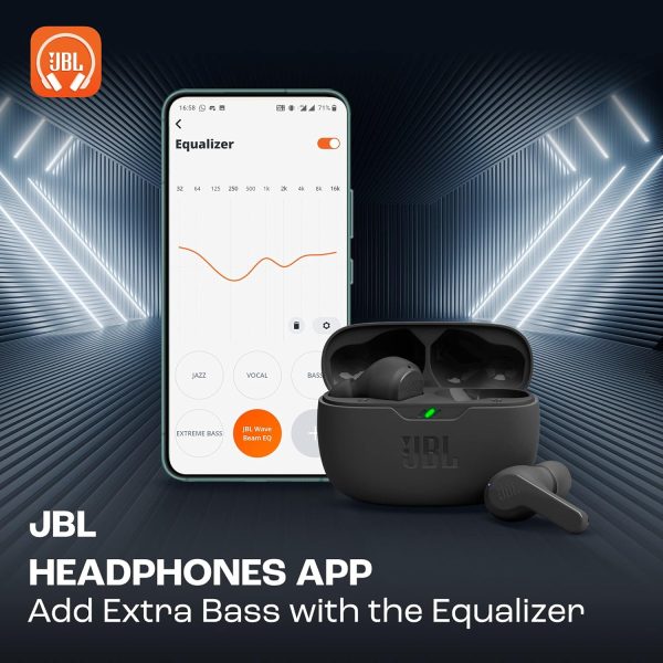 JBL Wave Beam in-Ear Wireless Earbuds (TWS) with Mic,App for Customized Extra Bass Eq,32 Hours Battery&Quick Charge,Ip54 Water&Dust Resistance,Ambient Aware&Talk-Thru,Google Fastpair (Black)