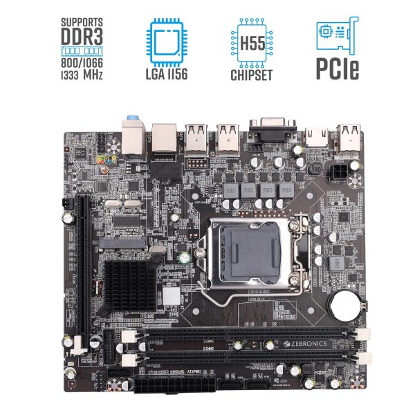 ZEBRONICS H55 Micro-ATX Motherboard for LGA 1156 Socket, Supports Intel 1st Generation Processors, DDR3 1333 MHz, Ports (RJ45 | SATA | USB | HDMI | VGA)