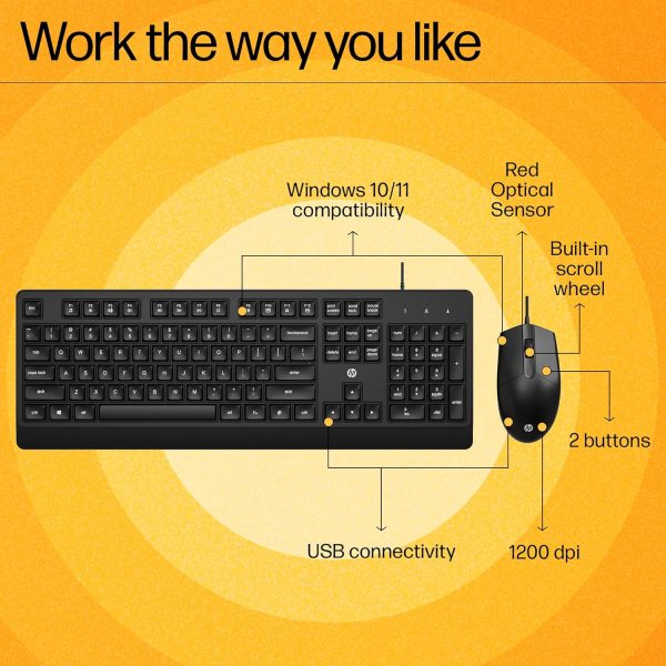 HP KM 180 Wired Mouse and Keyboard Combo, USB Plug-and-Play, 1200 dpi, Full-Size Layout with Numeric pad, Up to 10 Million keystrokes, Up to 1 Million clicks, 1-Year Warranty, 0.52 kg, Black, 7J4G3AA