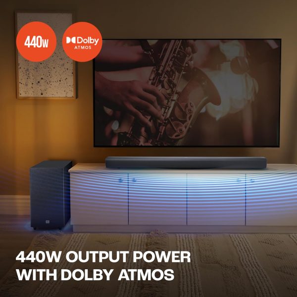 JBL Cinema SB590 Deep Bass, Dolby Atmos Soundbar with Wireless Subwoofer for Extra Deep Bass, 3.1 Channel, Center channel for superior voice clarity, HDMI eARC, Bluetooth & Optical Connectivity (440W)