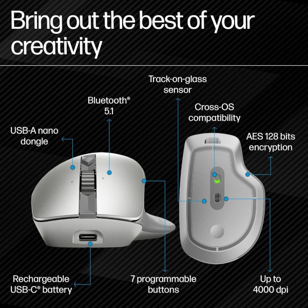 HP 930 Creator Wireless Mouse, USB-A dongle, Bluetooth 5.1, 7 programmable buttons, Up to 4000 dpi, Pair up to 3 devices, Rechargeable 12-week battery, 3-year warranty, 0.13 kg, Silver, 1D0K9AA