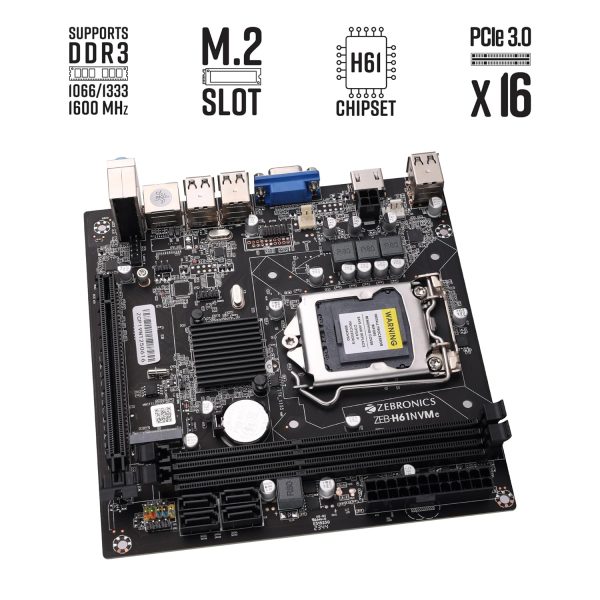 ZEBRONICS H61-NVMe Micro-ATX Motherboard for LGA 1155 Socket, Supports Intel 2nd & 3rd Generation Processors, M.2 Slot, 5.1 Audio, DDR3 1600 MHz, Ports (RJ45 | SATA | USB | HDMI)