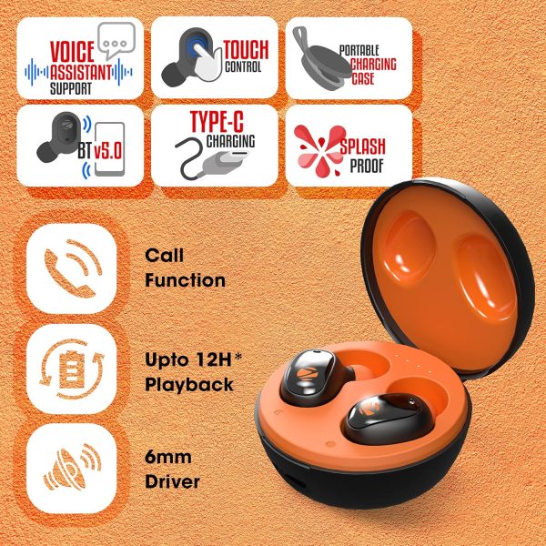 ZEBRONICS ZEB-SOUND BOMB 1 TWS Earbuds with BT5.0, Up to 12H Playback, Touch Controls, Voice Assistant, Splash Proof with Type C Portable Charging Case (Orange)