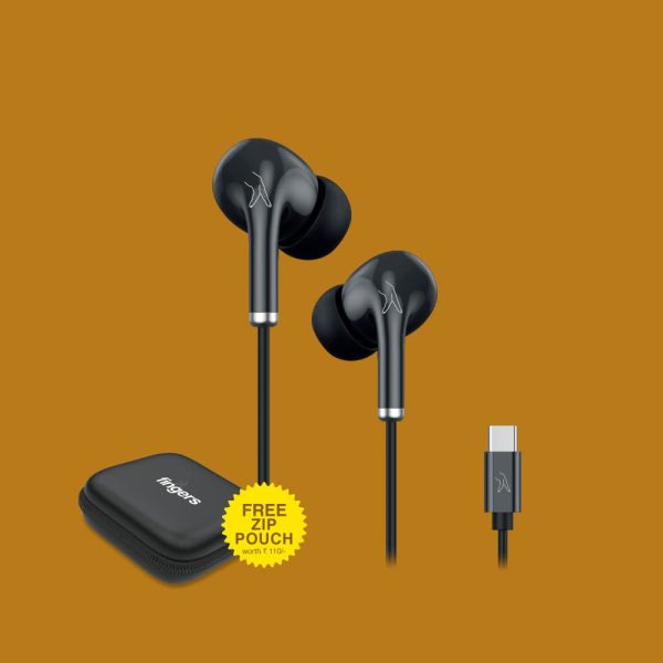 FINGERS AudioPop-C in-ear Wired Earphone with Type-C connector (Powerful Bass with 10 mm Neodymium drivers | in-Built Mic with Controller | 1.2 m sturdy cable | FREE Zip Case) - Classic Black