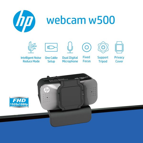 HP W500 Webcam, 1080P Full HD, Intelligent Noise Reduction, UVC Plug and Play, Camera Privacy Cover, Wide View Angle for Live Streaming/Conference/Online Learning/Podcast Camera for Laptop or Computer