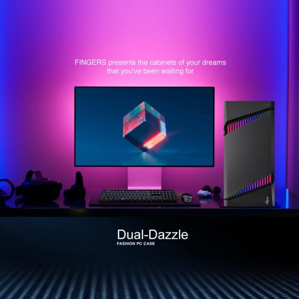 FINGERS Dual-Dazzle Micro ATX PC Cabinet (Dual ARGB LED Stripes with 7 Breathing Colours & 9 pre-Set Modes, Bundled with High-Performance SMPS