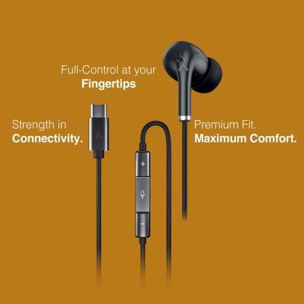 FINGERS AudioPop-C in-ear Wired Earphone with Type-C connector (Powerful Bass with 10 mm Neodymium drivers | in-Built Mic with Controller | 1.2 m sturdy cable | FREE Zip Case) - Classic Black