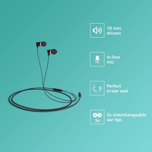 Philips Audio TAE1136 Wired in Ear Earphones with Built in Mic, 10 mm Driver, Powerful bass and Clear Sound