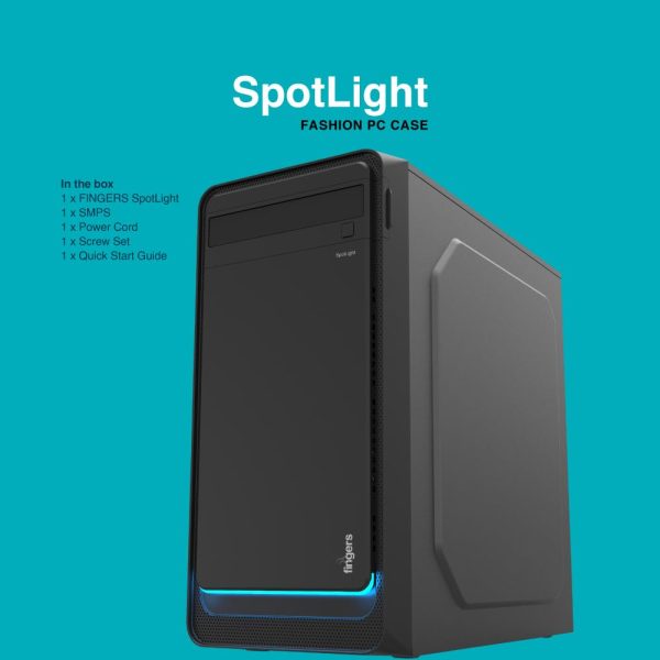 FINGERS Spotlight Micro-ATX PC Cabinet with Rich Blue Ray LEDs (8 cm Fan & SMPS Bundled, Well-Ventilated Side Panel, USB 3.0 + USB 2.0 + HD Audio + Mic in Ports) – Rich Black