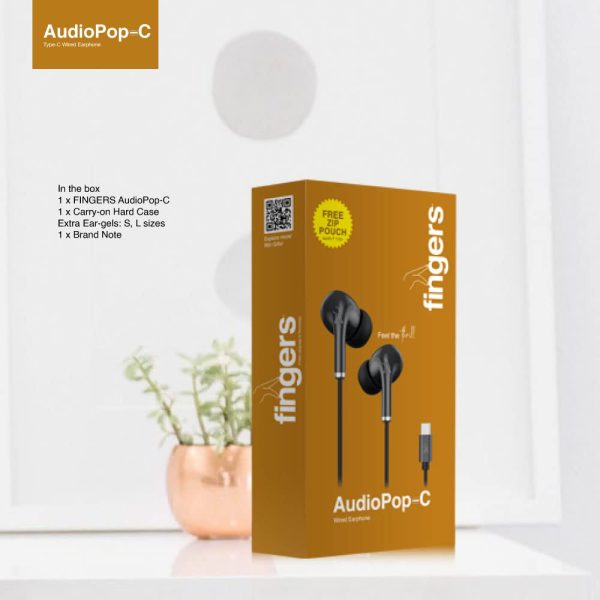 FINGERS AudioPop-C in-ear Wired Earphone with Type-C connector (Powerful Bass with 10 mm Neodymium drivers | in-Built Mic with Controller | 1.2 m sturdy cable | FREE Zip Case) - Classic Black