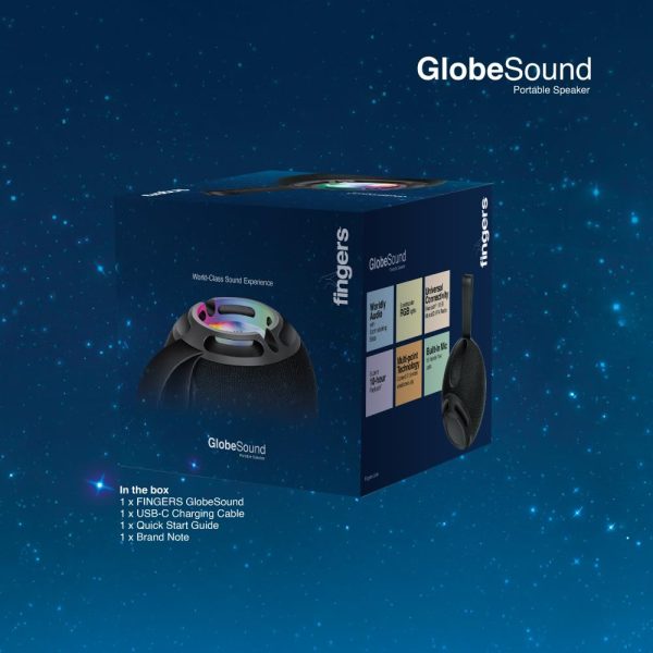 FINGERS GlobeSound Portable Wireless Speaker with 10W and 10 hours Playtime, Immersive Sound, Mesmerizing RGB Lights, Multi-Connectivity Modes with Type C Charging (Rich Black)