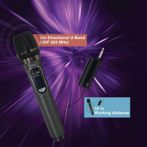 FINGERS Freedom Mic-U105 Wireless Microphone with 6.35 mm pin Receiver (U-Band @ UHF 693 MHz, BIG rechargeable battery 1200mAh for both Receiver & Mic, 10-hour battery life, 50 m Working distance)