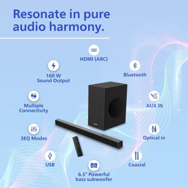 PHILIPS Audio TAB4228/94 2.1Ch 160W Bluetooth Soundbar with Rich Bass, 3 EQ Modes, Multi-Connectivity Option with Supporting USB, HDMI(ARC), Optical, Coaxial & Aux-in for Easy Connection (Black)