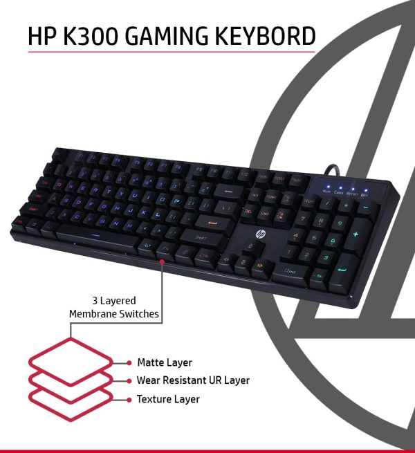 HP K300 Backlit Membrane Wired Gaming Keyboard with Mixed Color Lighting, 4 LED Indicators, Matte Finish Double Injection Key Caps and Windows Lock Key / 3 Years Warranty(4QM95AA)