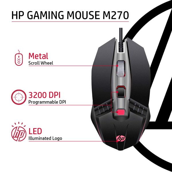 HP M270 Backlit USB Wired Gaming Mouse with 6 Buttons, 4-Speed Customizable 2400 DPI, Ergonomic Design, Breathing LED Lighting, Metal Scroll Wheel, Lightweighted / 3 Years Warranty (7ZZ87AA), Black