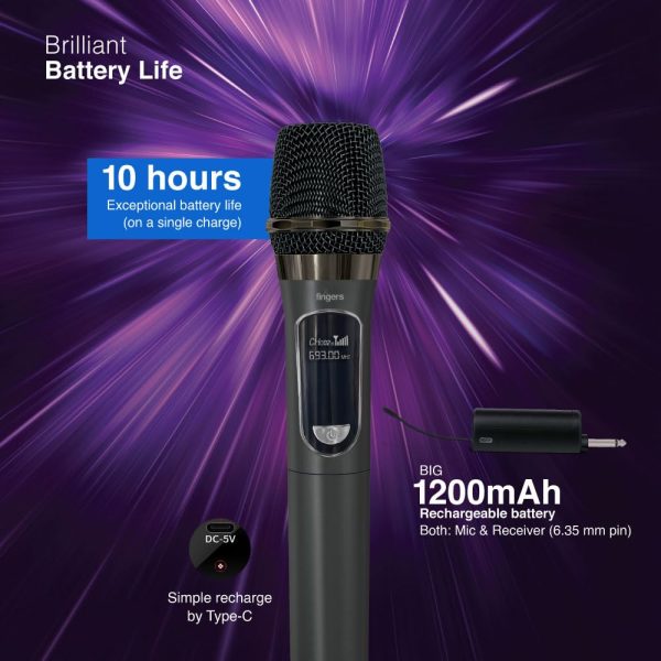 FINGERS Freedom Mic-U105 Wireless Microphone with 6.35 mm pin Receiver (U-Band @ UHF 693 MHz, BIG rechargeable battery 1200mAh for both Receiver & Mic, 10-hour battery life, 50 m Working distance)