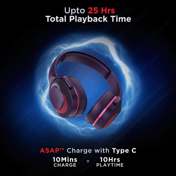 boAt Rockerz 425 Bluetooth Wireless On Ear Headphones Signature Sound, ENx Tech, ASAP Charge, 25H Playtime, Bluetooth V5.2, Dual Pairing with Mic(Techno Purple)