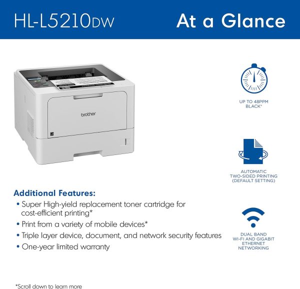 Brother HL-L5210DW Business Monochrome Laser Printer with Duplex Printing, Versatile Paper Handling, Wireless and Gigabit Ethernet Networking, and Mobile Printing