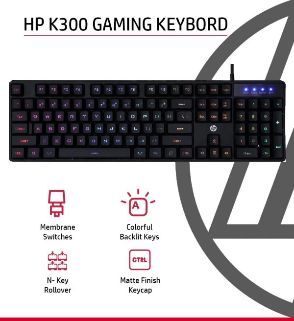 HP K300 Backlit Membrane Wired Gaming Keyboard with Mixed Color Lighting, 4 LED Indicators, Matte Finish Double Injection Key Caps and Windows Lock Key / 3 Years Warranty(4QM95AA)