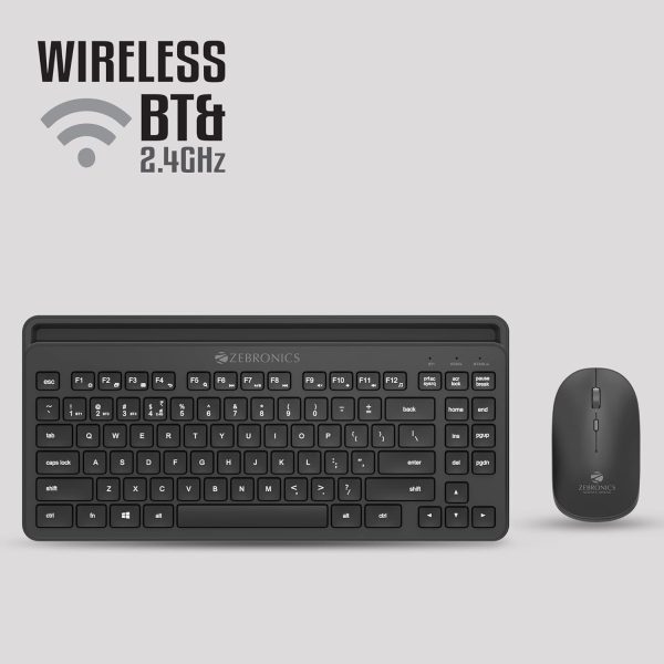 Zebronics Companion 110 Wireless Keyboard and Mouse Set with Bluetooth multiconnect, 2.4GHz Receiver, 2 Months* Backup, 1600DPI, Smartphone/Tablet Holder, Built in Rechargeable Battery