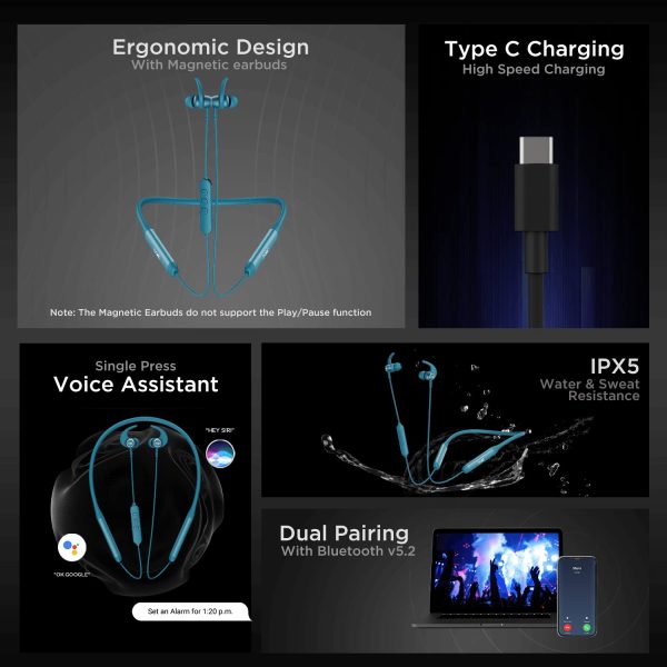 boAt Rockerz 330 Pro in-Ear Bluetooth Neckband with 60HRS Playtime, ASAP Charge, ENx Tech, Signature Sound, BT v5.2, Dual Pairing, IPX5, with Mic (Teal Green)