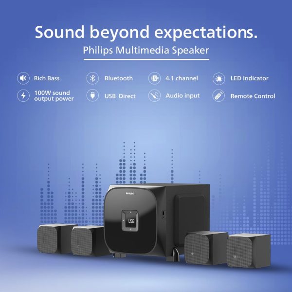 Philips Audio SPA8170B 4.1Ch 100W Bluetooth Multimedia Speaker with Rich Bass, Multi-Connectivity Option with Supporting USB, Optical, Aux-in for Easy Connection (Black)