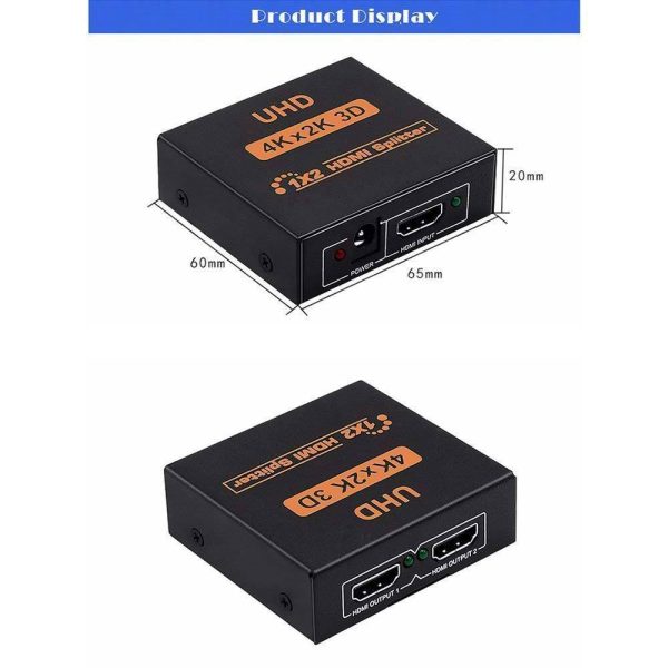 UHD HDMI Splitter, Powered Latest UHD 4Kx2K 3D 1 in 2 out 1X2 2 Port 1080P V1.4 Support 4K / 2K and 3D Resolution -1 Source To 2 Displays