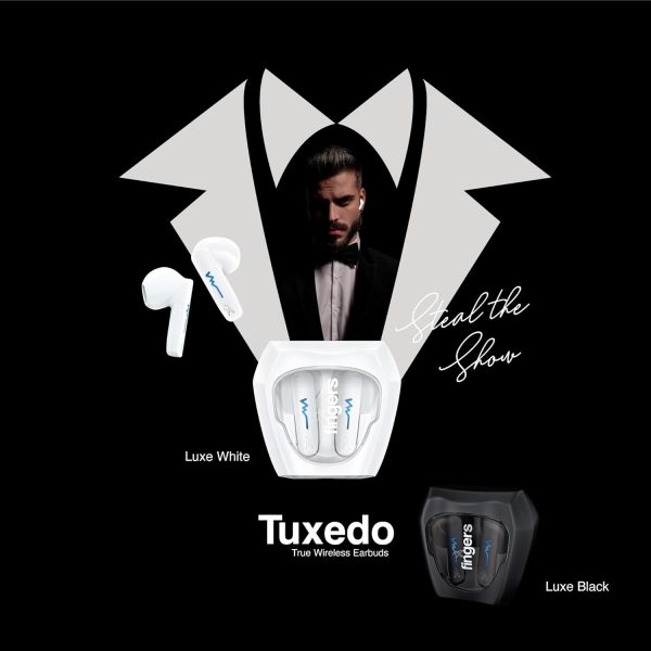 FINGERS Tuxedo TWS Earbuds with 32-hour Playtime, Fast Charging, 13mm Neodymium Drivers, Surround Noise Cancellation (SNC Technology) built-in Mic, IPX4 Sweat Resistant, Voice Assistant (Luxe White)