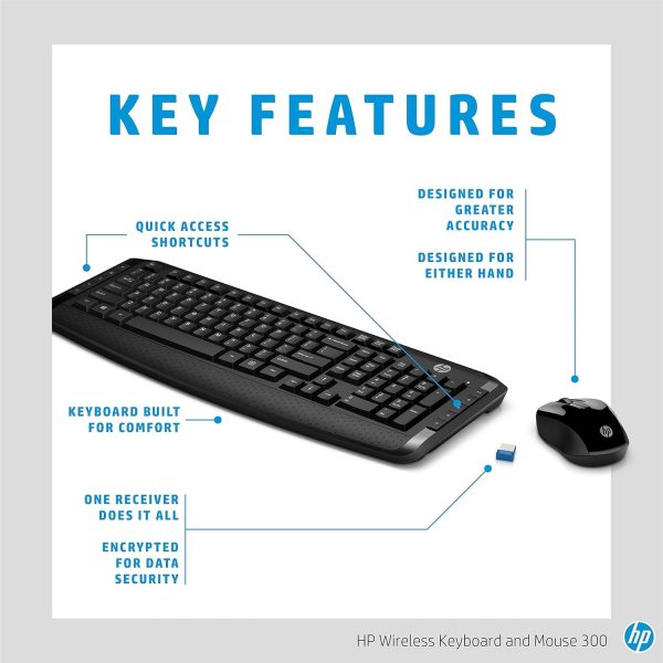 HP 300 Wireless Keyboard and Mouse 3ML04AA#ABL, 2.4 GHz Wireless Connection, Single USB Nano Receiver, Ultra-Precise Mouse, Ideal for Office Work, Black (2023 Latest Model)