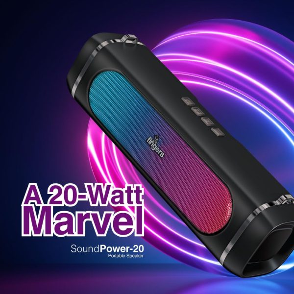 FINGERS SoundPower-20 Bluetooth Portable Speaker with Powerful 20 W Deep Bass, Mesmerizing RGB Lights, 9-Hour Playtime, Free Carry Strap, Built-in Mic (Black)