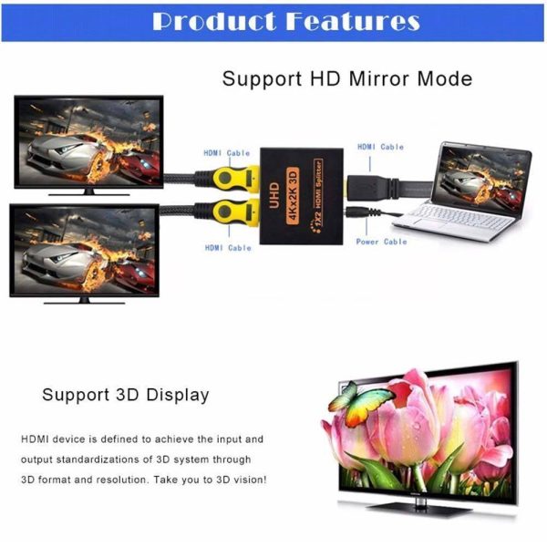 UHD HDMI Splitter, Powered Latest UHD 4Kx2K 3D 1 in 2 out 1X2 2 Port 1080P V1.4 Support 4K / 2K and 3D Resolution -1 Source To 2 Displays