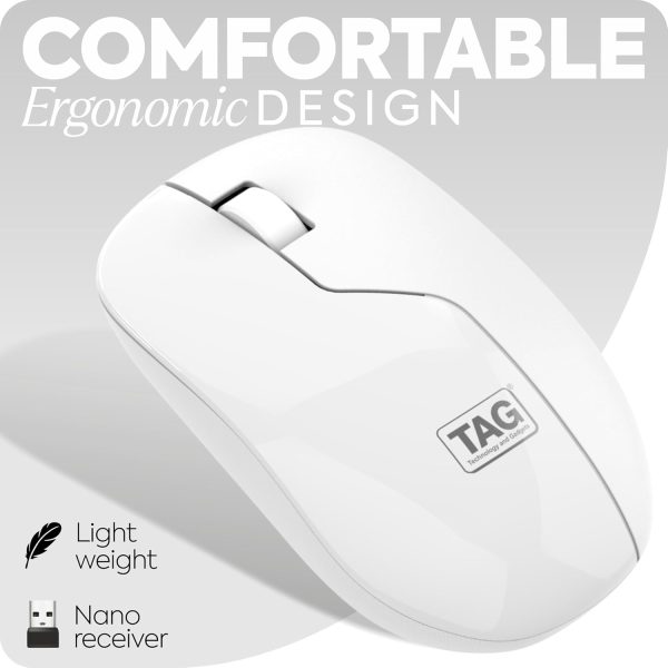 TAG WM600 Wireless Mouse | 1200 DPI Optical Sensor | 2.4 GHz USB Nano Receiver Connectivity | 10m Range | Ergonomic Design | Plug and Play Usage | Compatible with PC, Laptop, Mac (White)