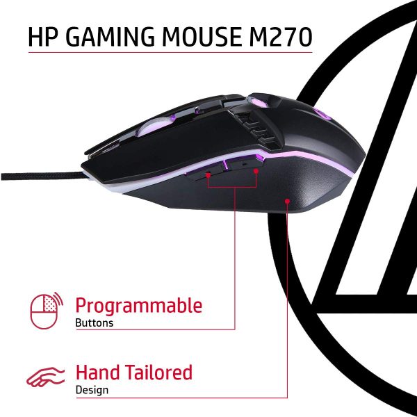 HP M270 Backlit USB Wired Gaming Mouse with 6 Buttons, 4-Speed Customizable 2400 DPI, Ergonomic Design, Breathing LED Lighting, Metal Scroll Wheel, Lightweighted / 3 Years Warranty (7ZZ87AA), Black