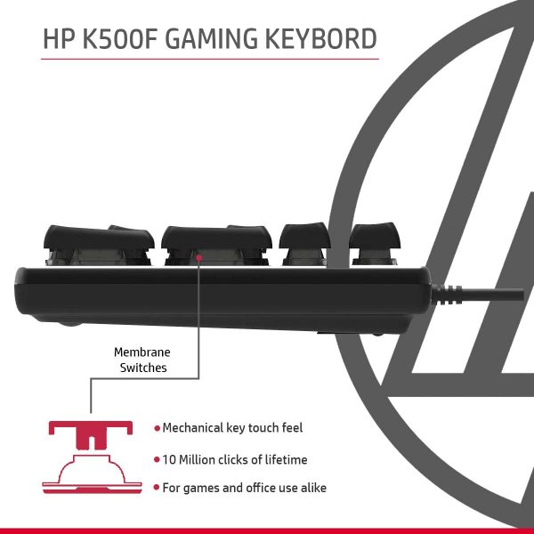 HP K500F Backlit Membrane Wired Gaming Keyboard with Mixed Color Lighting, Metal Panel with Logo Lighting, 26 Anti-Ghosting Keys, and Windows Lock Key / 3 Years Warranty(7ZZ97AA)