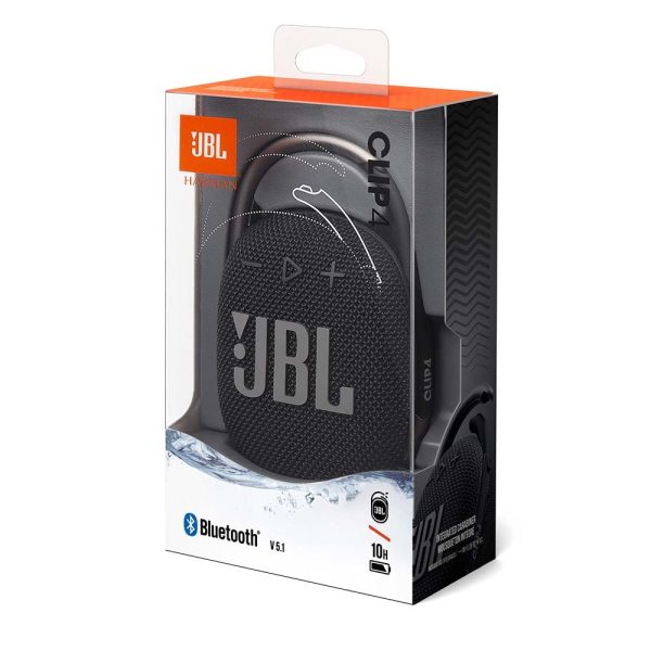 JBL Clip 4, Wireless Ultra Portable Bluetooth Speaker, Pro Sound, Integrated Carabiner, Vibrant Colors with Rugged Fabric Design, Dust & Waterproof, Type C (without Mic, Black)