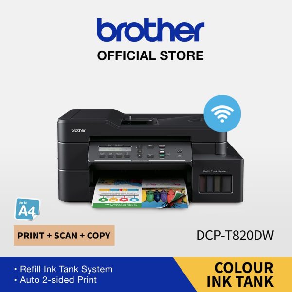 Brother DCP-T820DW Printer - Auto Duplex Printing, Print, Scan, Copy, ADF, WiFi/LAN/USB, Print Up To 15K Pages In Black And 5K In Color Each For (CMY), Get An Extra Black Ink Bottle, Free Installation