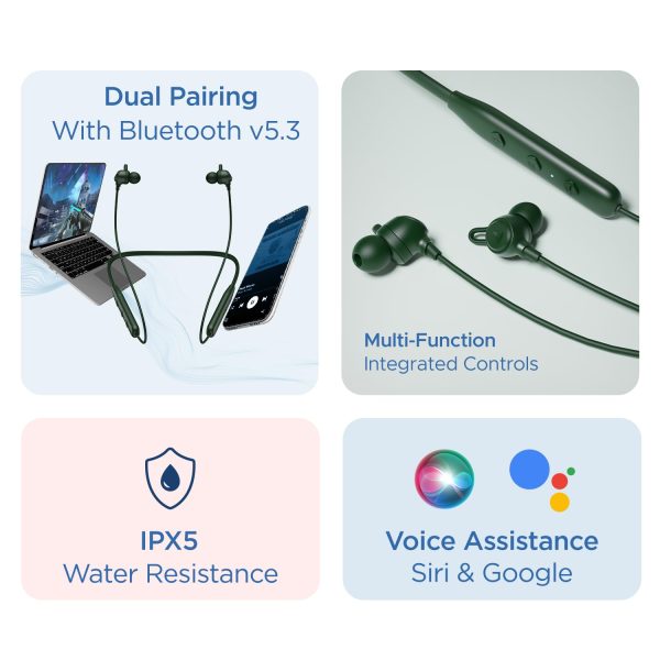 boAt Rockerz 109 Bluetooth Neckband with 40 hrs Playback,ENx Technology, Beast Mode (60ms), Magnetic Buds, Dual Pairing, ASAP Charge, IPX5 Water Resistance(Fern Green)