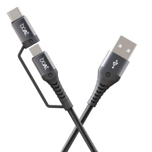 boAt Deuce USB 300 2 in 1 Type-C & Micro USB Stress Resistant, Sturdy Cable with 3A Fast Charging & 480mbps Data Transmission, 10000+ Bends Lifespan and Extended 1.5m Length(Mercurial Black)