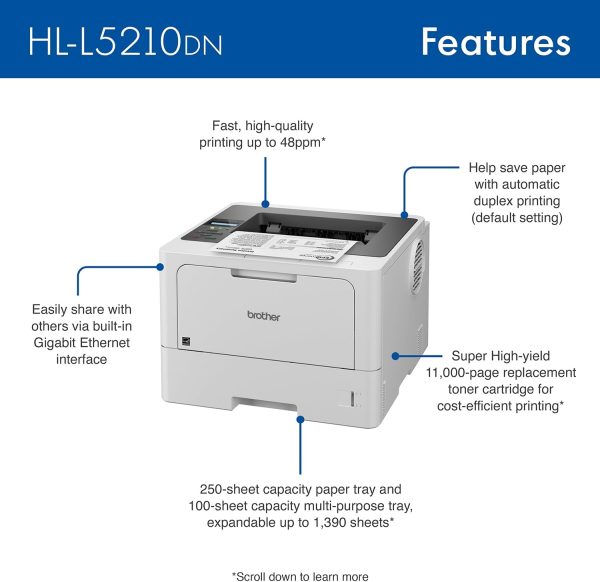 Brother HL-L5210DN Business Monochrome Laser Printer with Duplex Printing, Versatile Paper Handling, Mobile Printing, and Gigabit Ethernet Networking