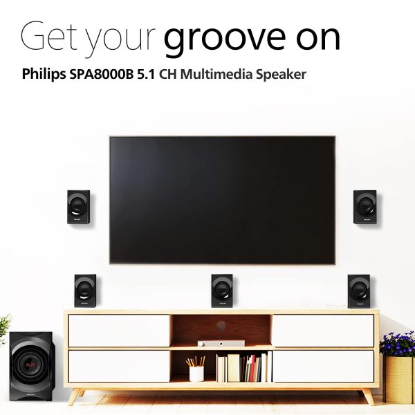 PHILIPS Audio SPA8000B/94 5.1 Channel Multimedia Speaker System with Bluetooth, 5x15W Satellite Speakers, LED Display, Robust Design & Matte Finish (Black)