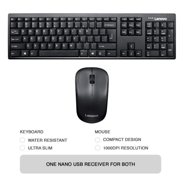 Lenovo 100 Wireless Keyboard and Mouse Set, Ambidextrous 1000 DPI Mouse Optical Sensor, upto 3M clicks, Ultra slim water resistant keyboard, 2.4 GHz Wireless Nano USB, upto 1yr battery life GX30L66303