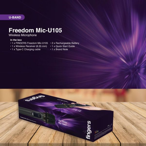 FINGERS Freedom Mic-U105 Wireless Microphone with 6.35 mm pin Receiver (U-Band @ UHF 693 MHz, BIG rechargeable battery 1200mAh for both Receiver & Mic, 10-hour battery life, 50 m Working distance)